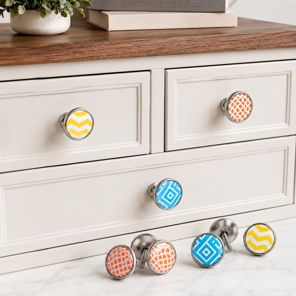 Lot of 10 Decorative Cabinet Knobs Blue Orange Yellow Geometric Hardware